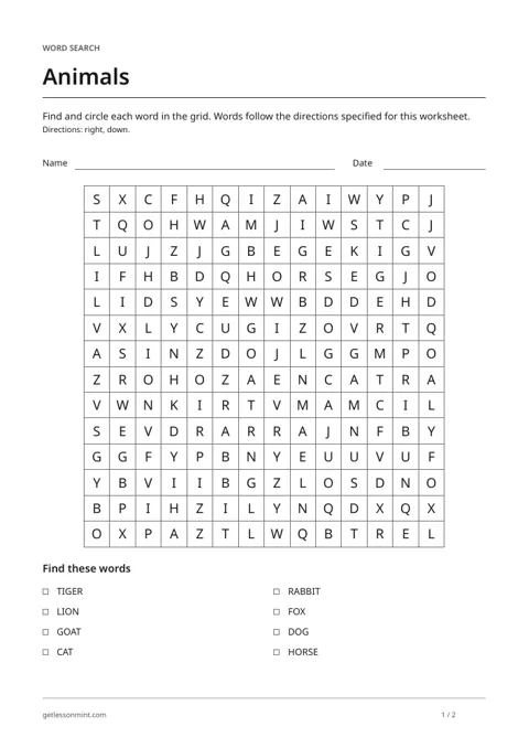 Animals · Word Search