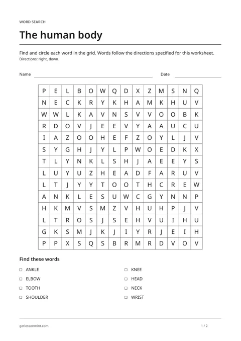 Body parts · Word Search