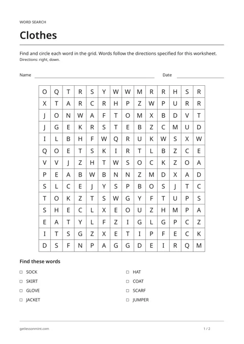 Clothes · Word Search