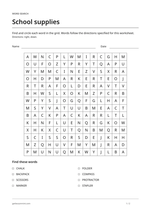 School supplies · Word Search
