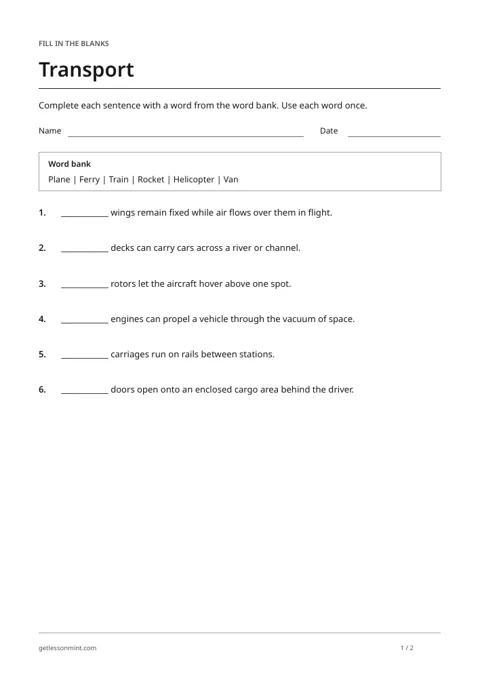 Transport · Fill in the Blanks