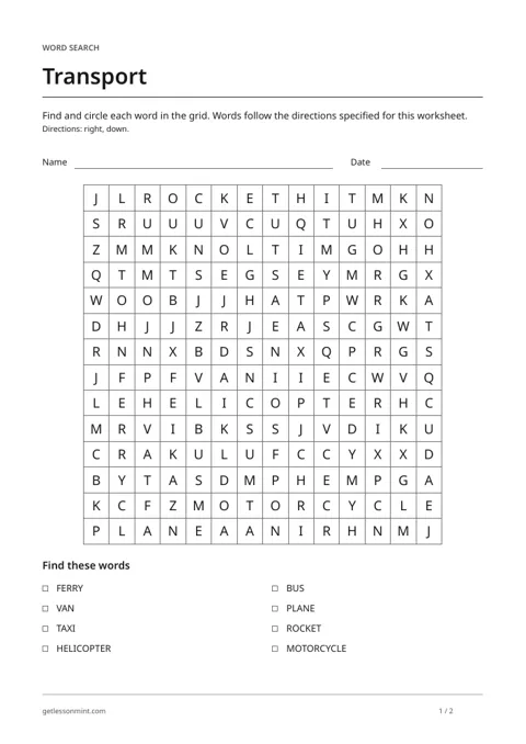 Transport · Word Search